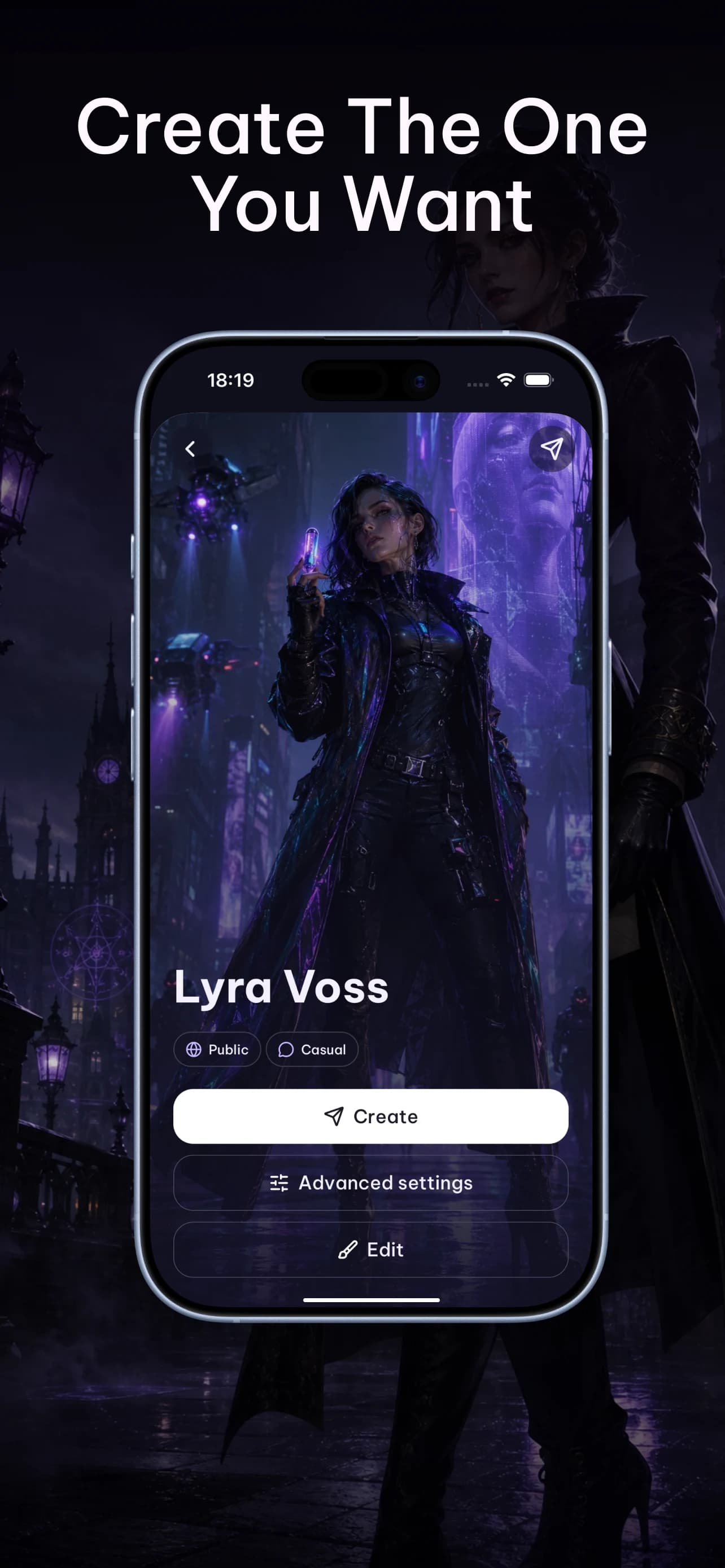 Character creation screen in the Lore mobile app